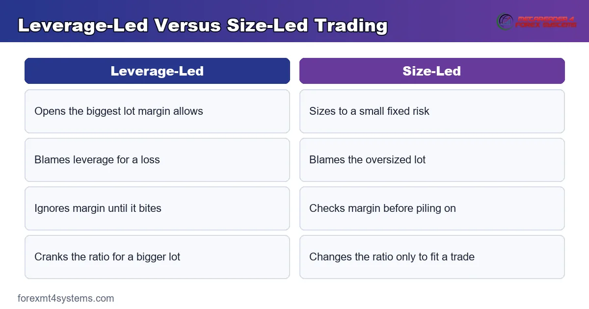 branded compare panel of a leverage-led trader against a size-led trader and how each sets the position