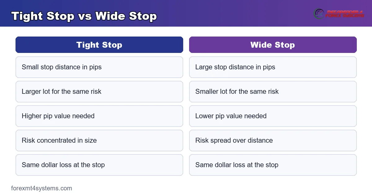 a tight stop versus a wide stop and the lot each one needs for the same risk