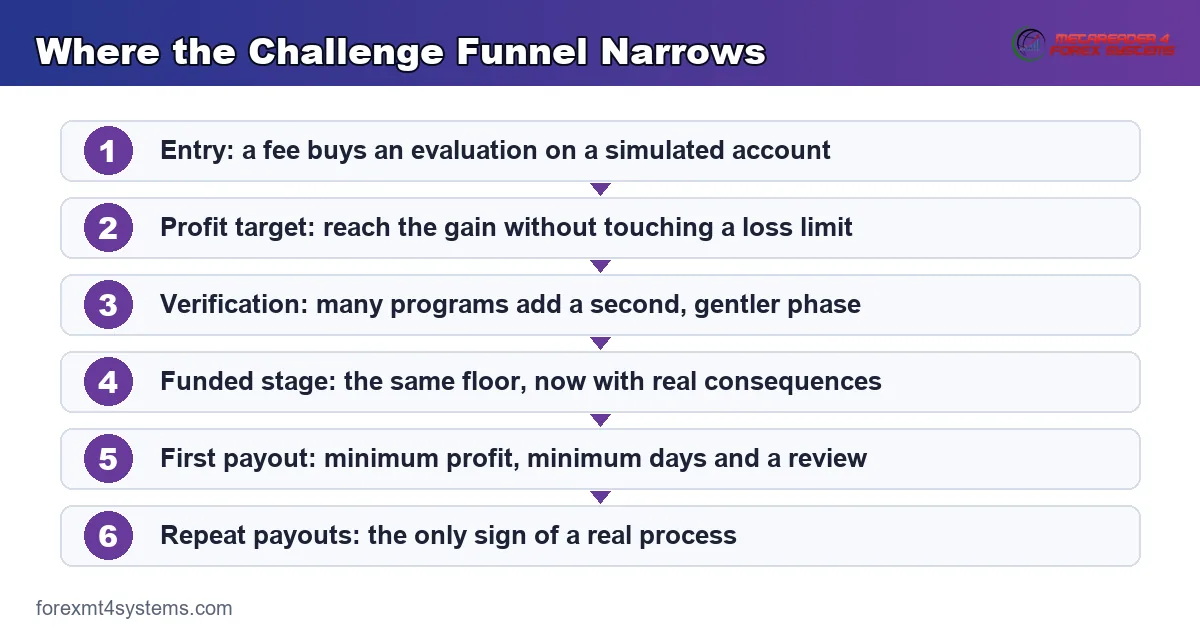 where the challenge funnel narrows, from entry and profit target through funding to repeated payouts