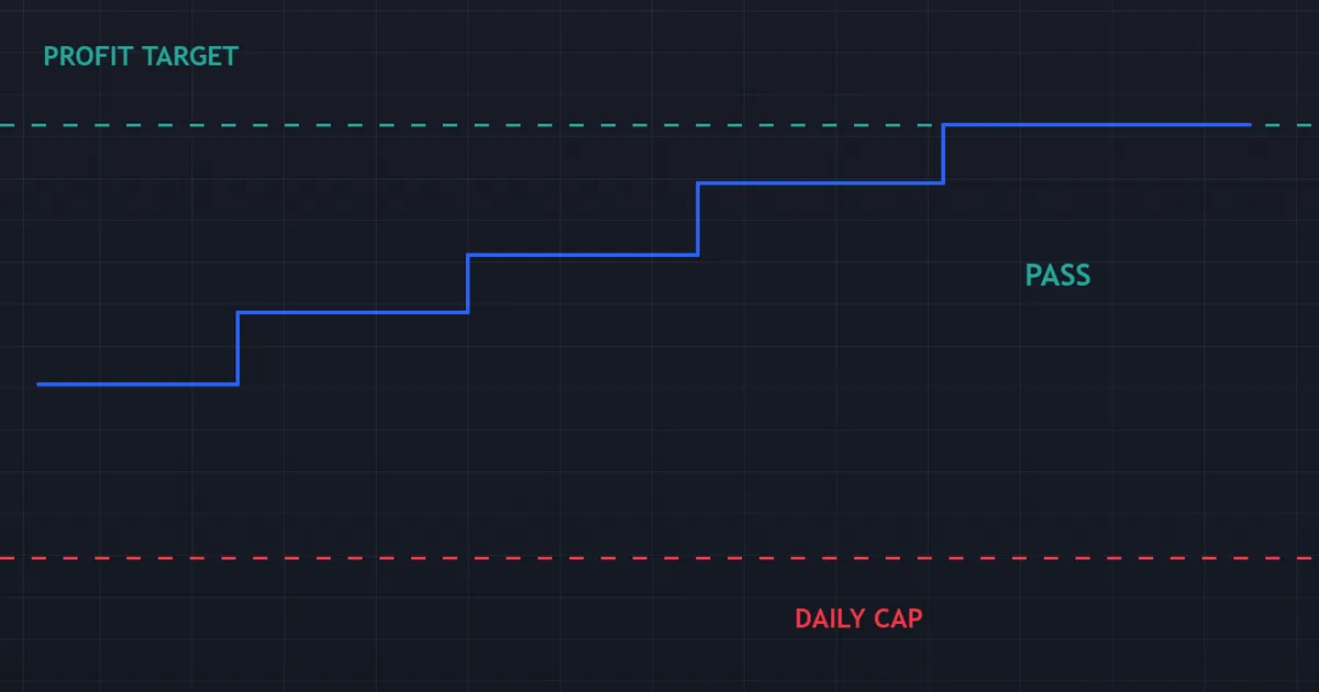 passing run example - equity curve reaching the profit target while staying clear of the daily cap