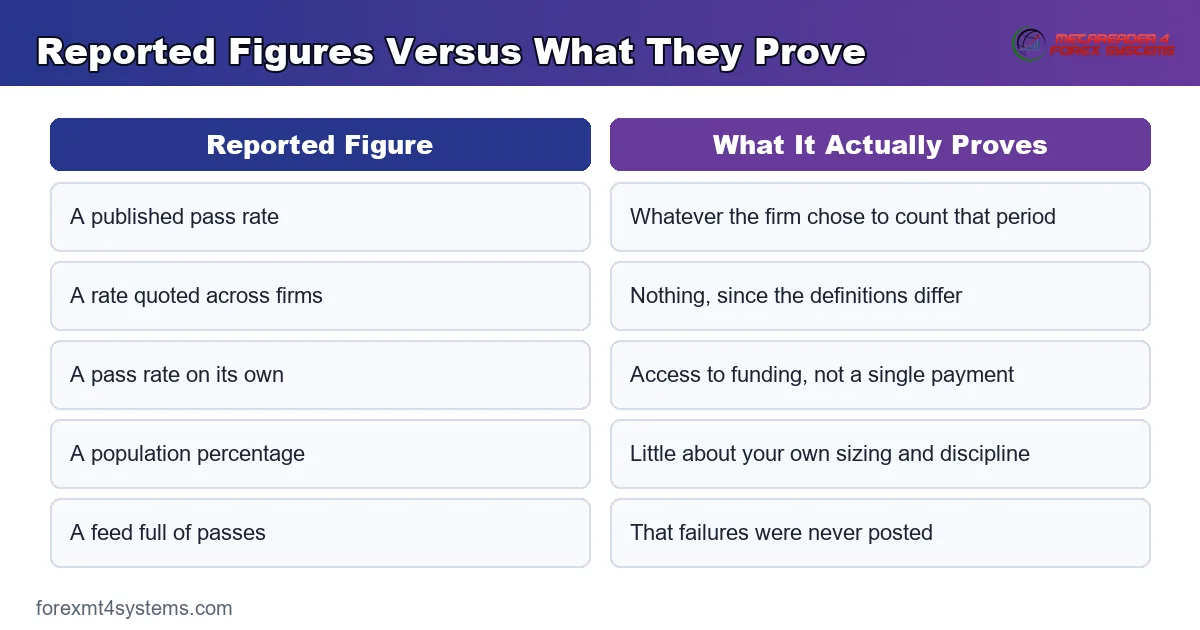 reported pass-rate figures versus what they prove, compared across source, population and audit
