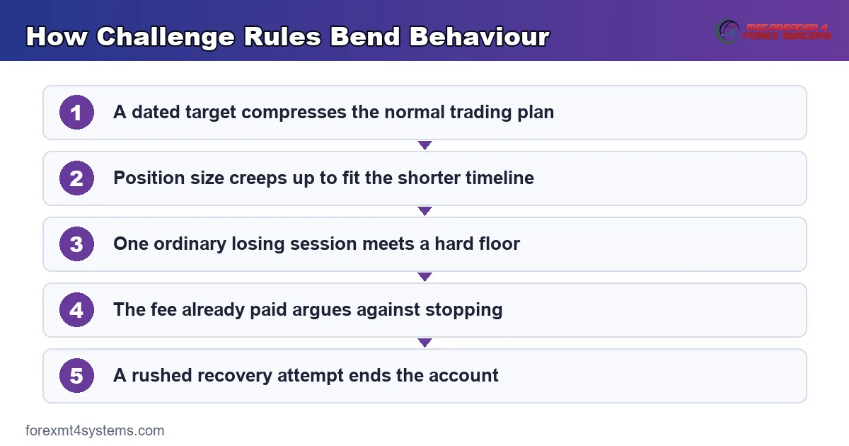 flow diagram showing how challenge rules bend trader behaviour from a dated target to a rushed attempt