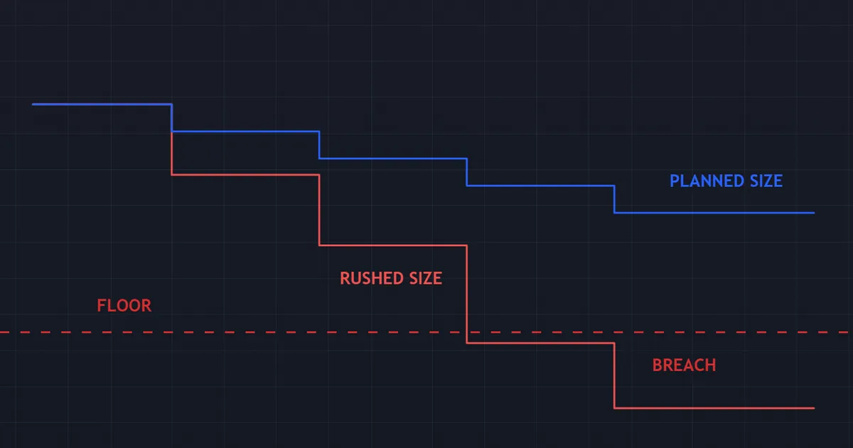 equity curve example - planned size survives a losing run while rushed size cuts through the floor