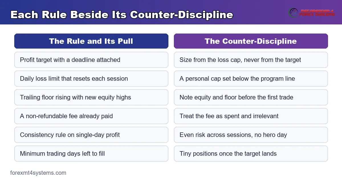 comparison table pairing each challenge rule with the counter-discipline that offsets its pull