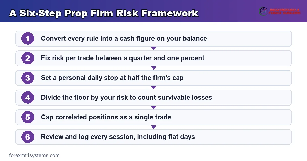 a six-step prop firm risk framework, from converting rules to cash to logging every session
