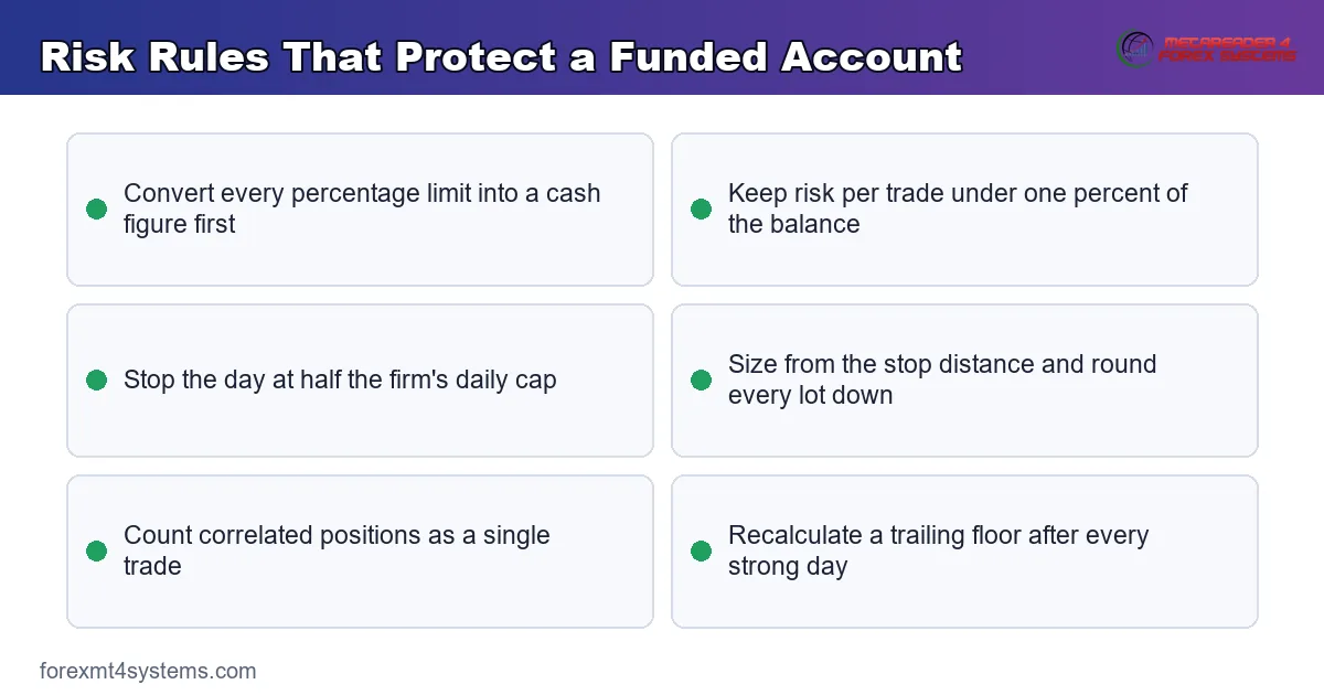 risk rules that protect a funded account, listed from cash limits to trailing floor checks