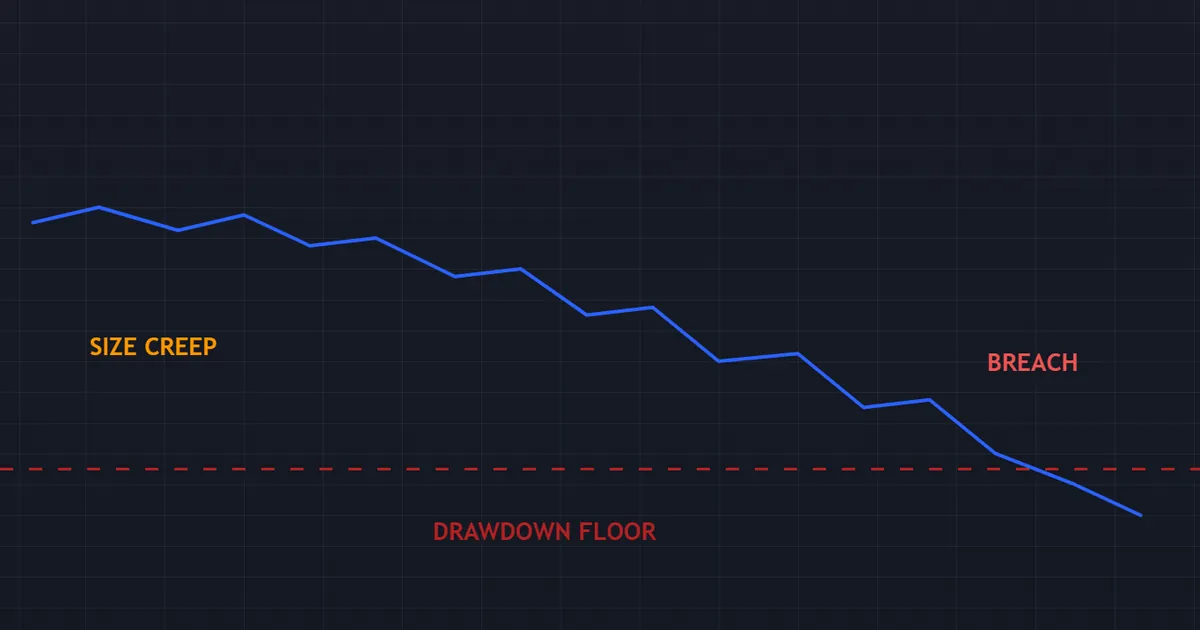 risk management pitfall - equity path where creeping position size pierces the drawdown floor