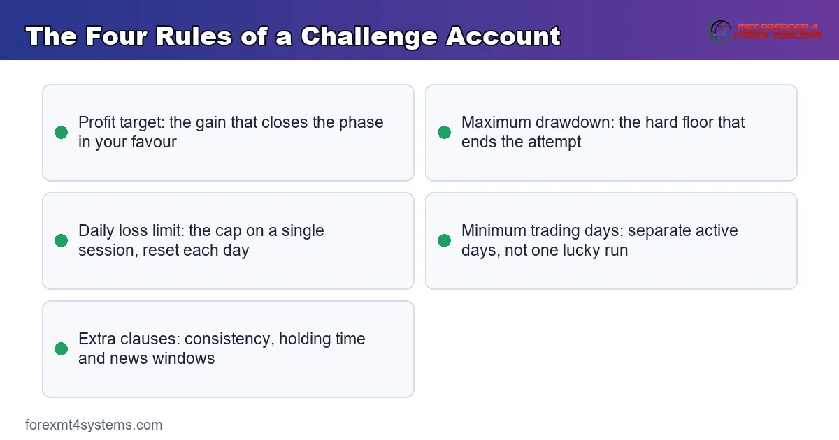 the four rules of a challenge account: profit target, max drawdown, daily loss limit and minimum days