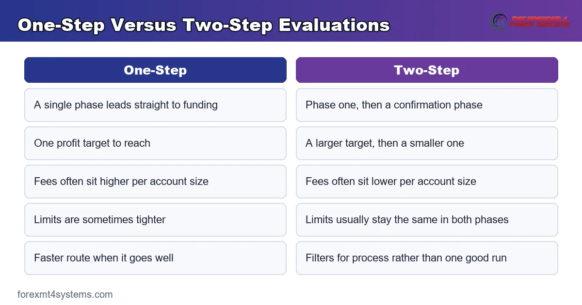 one-step versus two-step evaluations compared by phases, targets, fees and time to a funded account