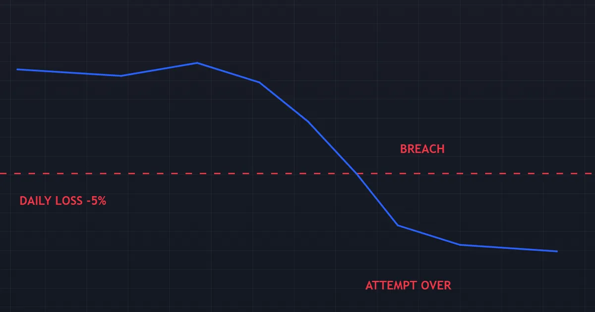 prop firm challenge pitfall - equity path piercing the daily loss limit and ending the attempt