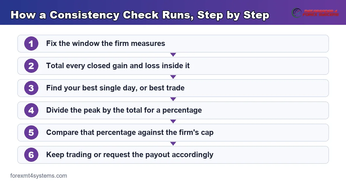 how a consistency check runs, from cycle total and best day through to the payout decision