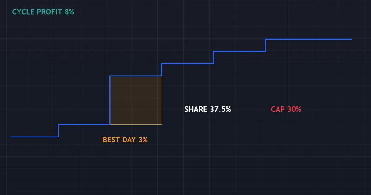 worked example equity path with a three percent best day inside an eight percent cycle profit