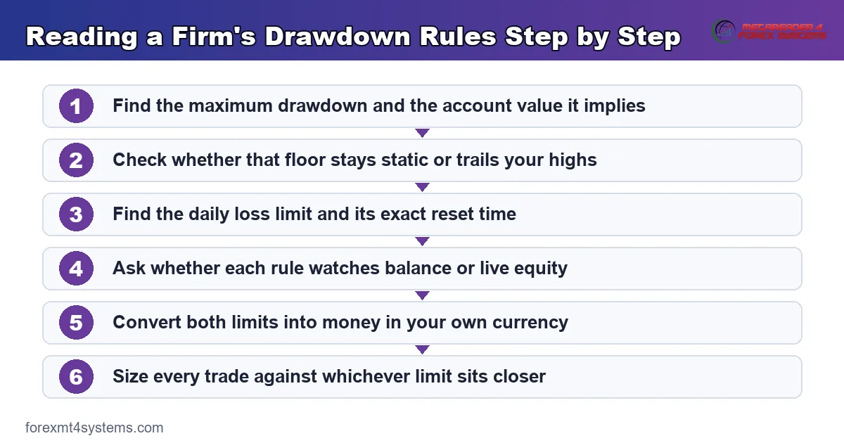 reading a firm's drawdown rules step by step, from the maximum floor through to position sizing
