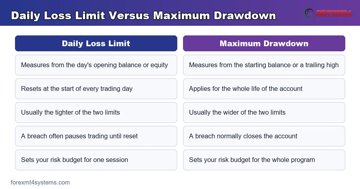 daily loss limit versus maximum drawdown compared by reference point, reset and consequence