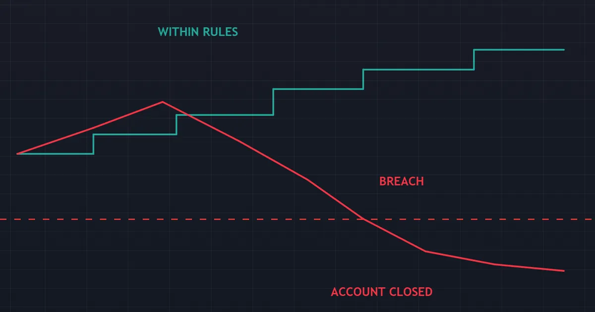 two equity paths from one start: one stays within the rules, the other pierces the max drawdown floor