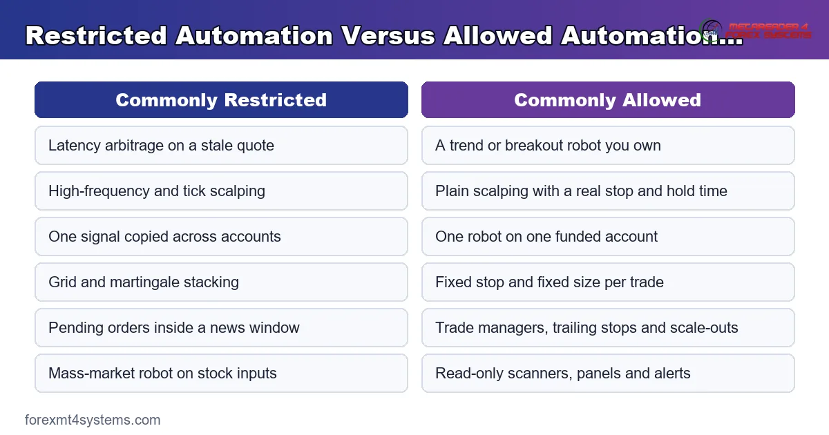 restricted automation versus allowed automation on a funded account, compared side by side