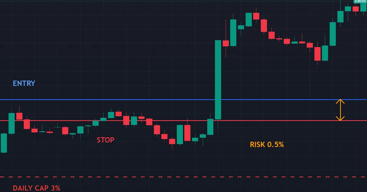 worked example candle chart with a robot entry sized to half a percent inside a prop daily cap