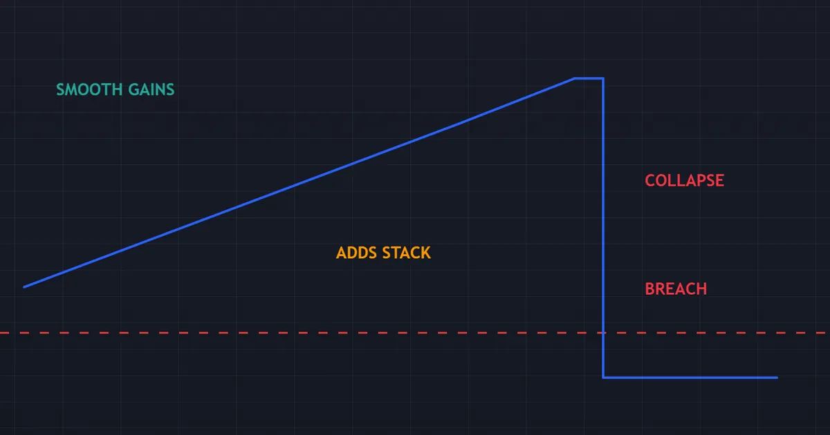 prop firm ea pitfall - equity path from a stacking robot collapsing through the drawdown floor