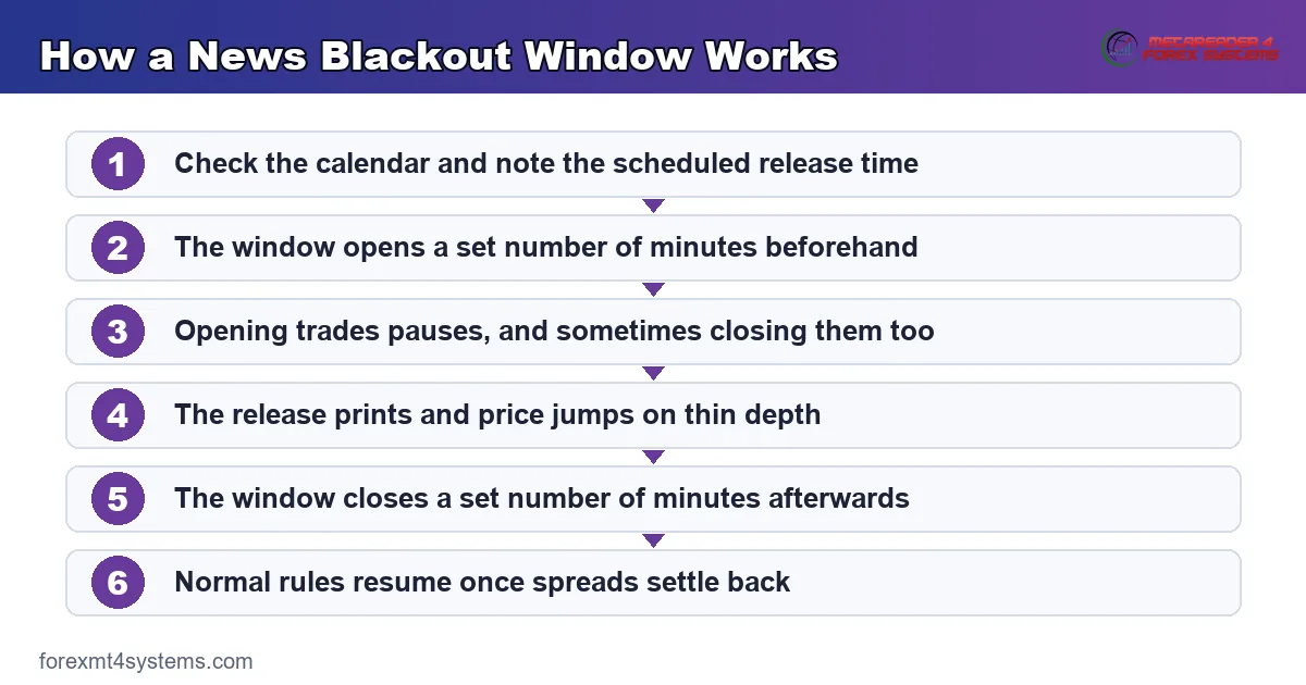 how a news blackout window works, from the scheduled release to the reopening of normal trading