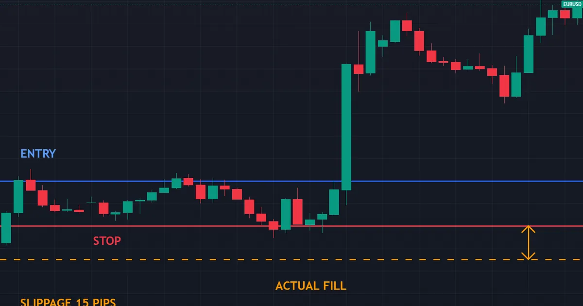 worked example candle chart where a stop fills fifteen pips past its level on a release