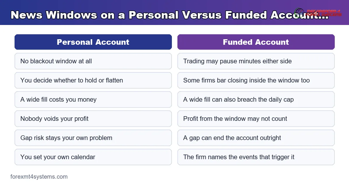 news windows on a personal account versus a funded account, compared row by row