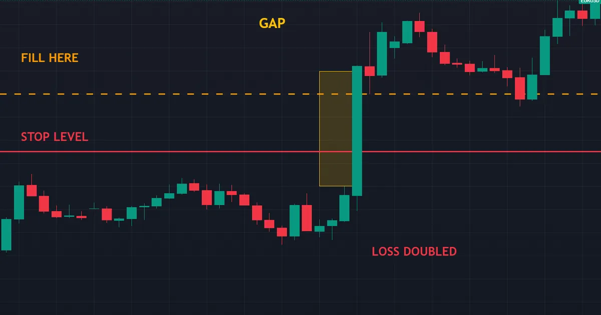 news trading pitfall - candle chart where a gap skips the stop and doubles the planned loss