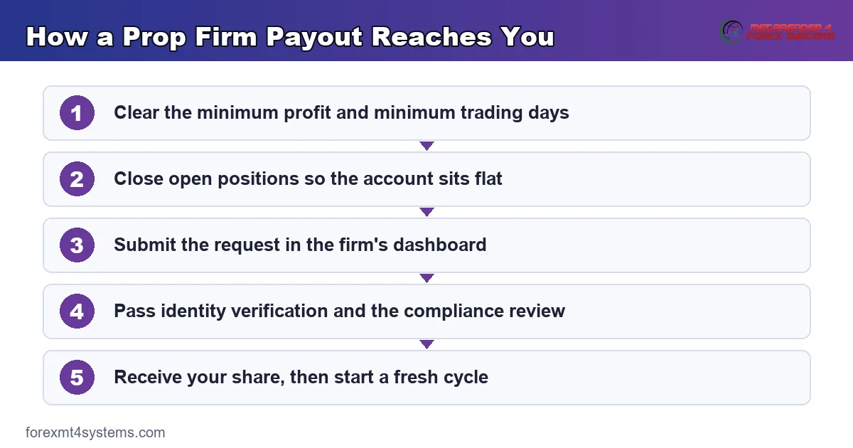 how a prop firm payout reaches you, from eligibility and request through review to payment