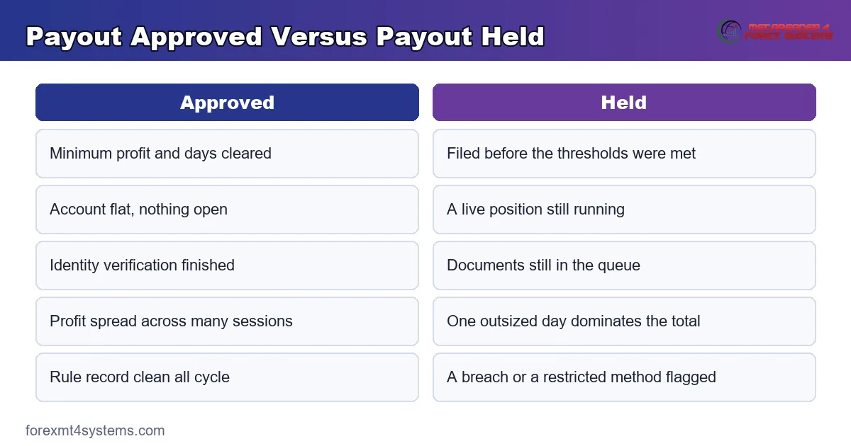 payout approved versus payout held, compared across eligibility, consistency and identity checks