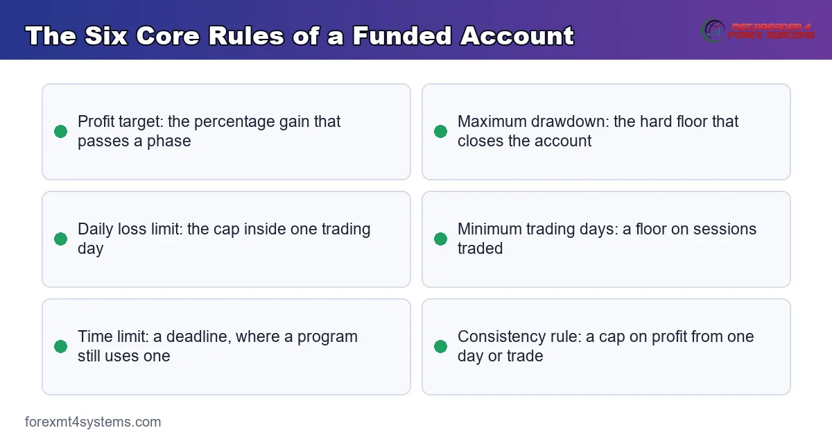 the six core rules of a funded account listed in the order they bite during a challenge