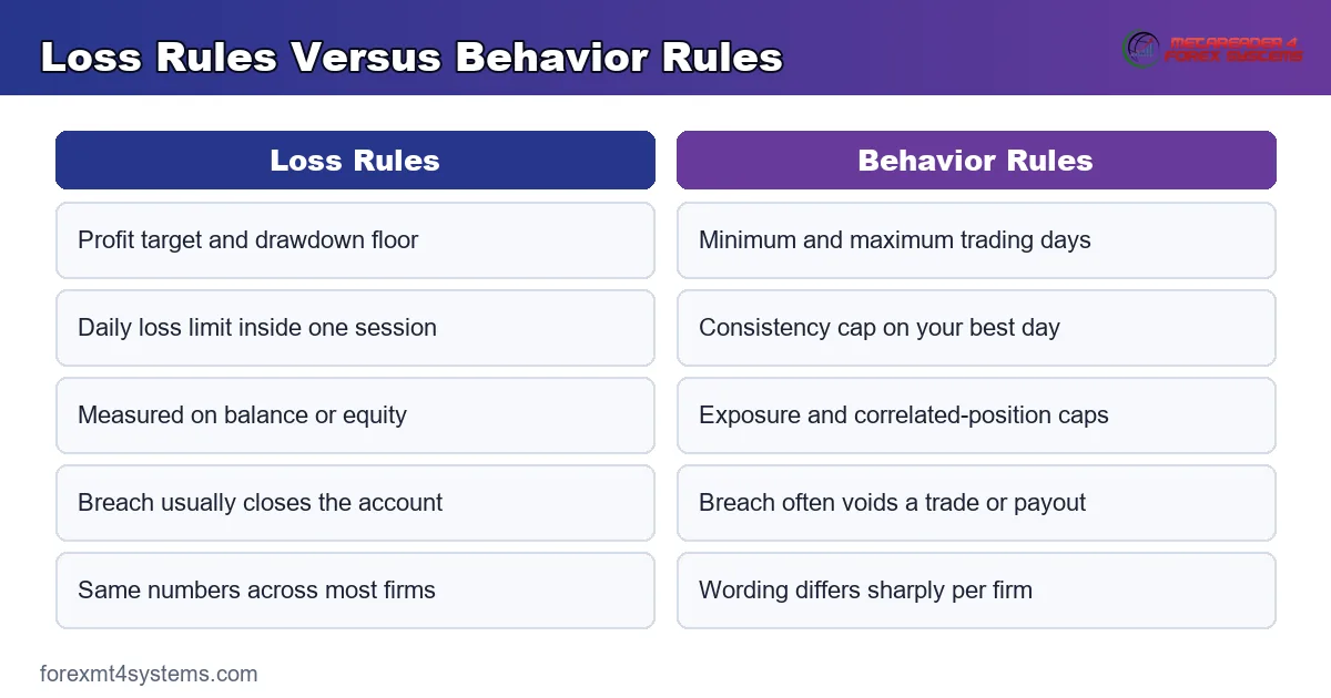 loss rules against behavior rules compared row by row for a funded trading account