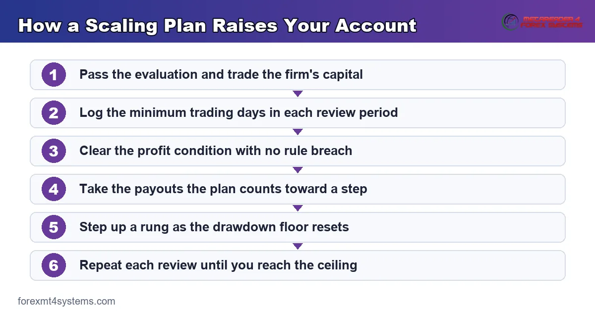 how a scaling plan raises your account, from funding through the review to a larger balance
