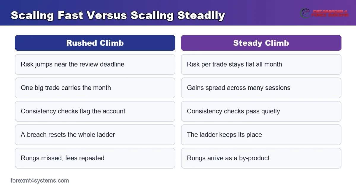 scaling fast versus scaling steadily, compared across risk, reviews and account survival
