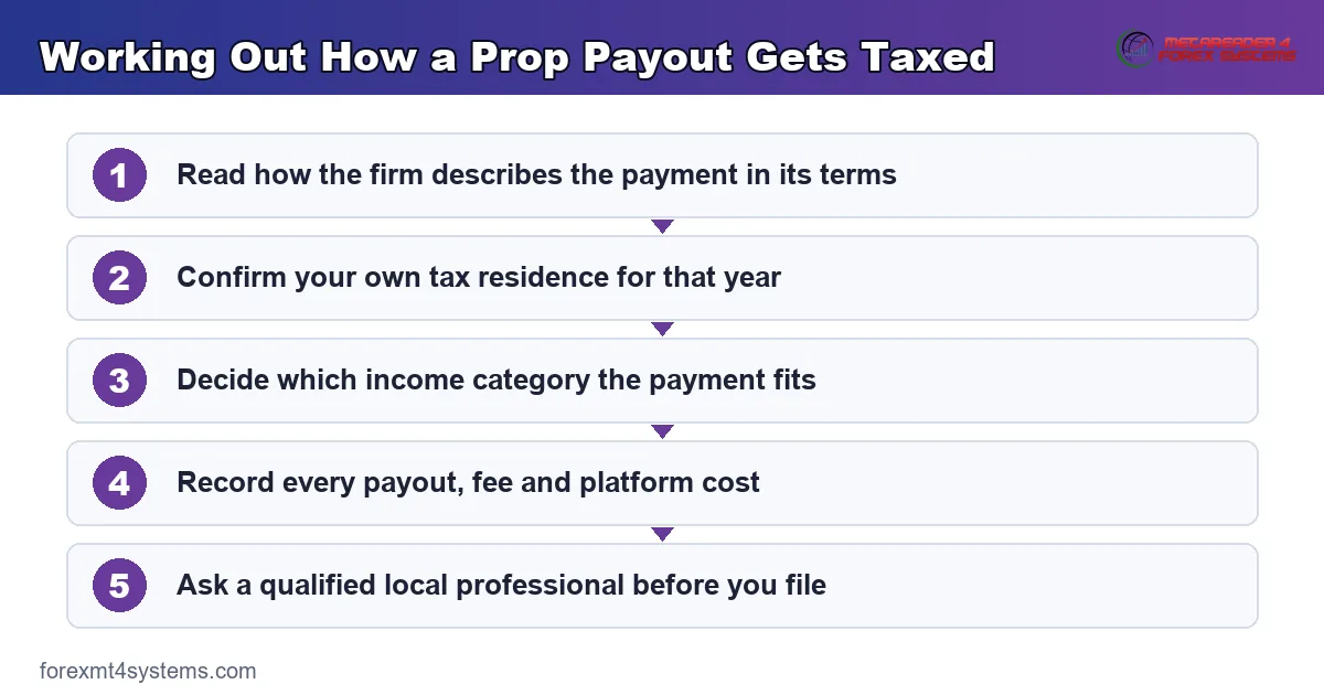 working out how a prop payout gets taxed, from the firm's wording to a local professional's review