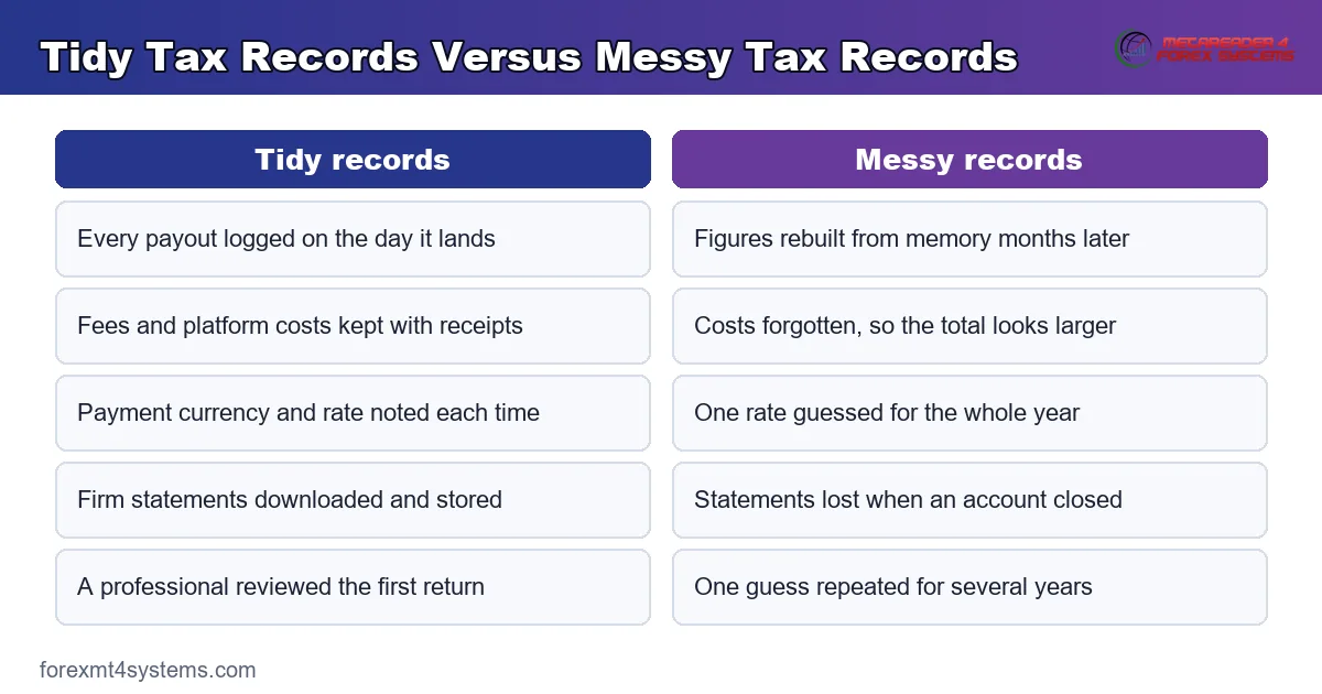 tidy tax records set beside messy tax records, compared on payouts, fees, currency and statements