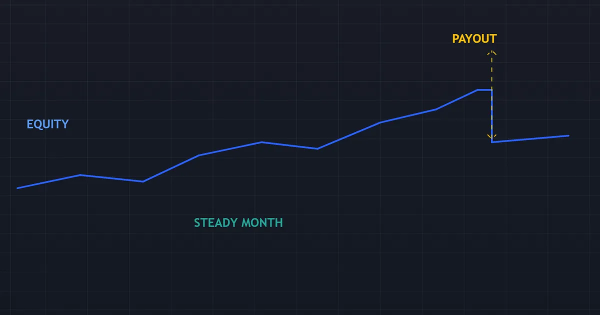 how much do prop firm traders make - equity curve with a modest monthly gain and a payout marked