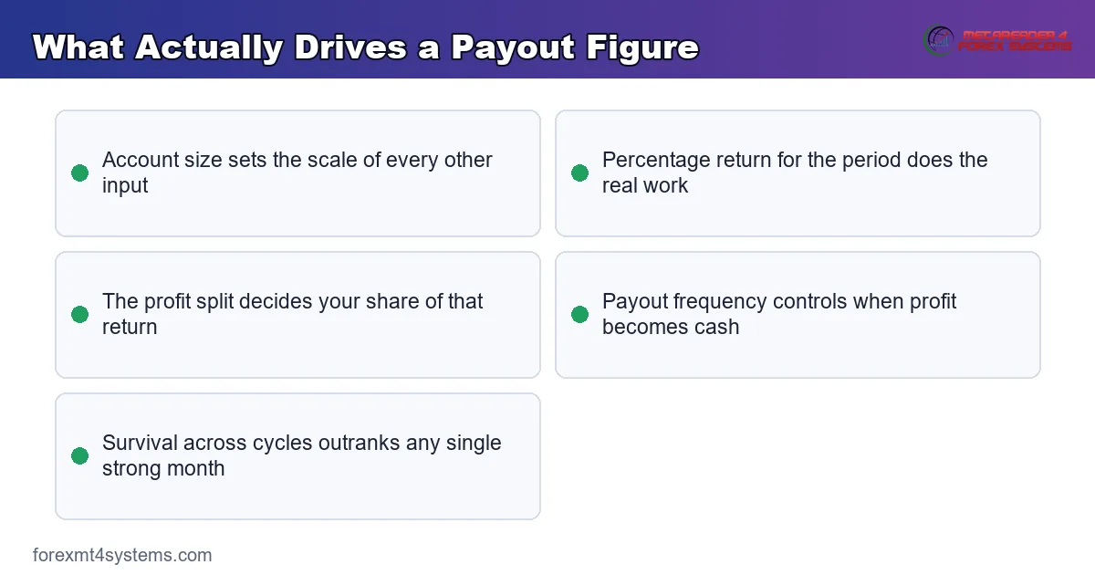what actually drives a payout figure, from account size and percentage return to the profit split