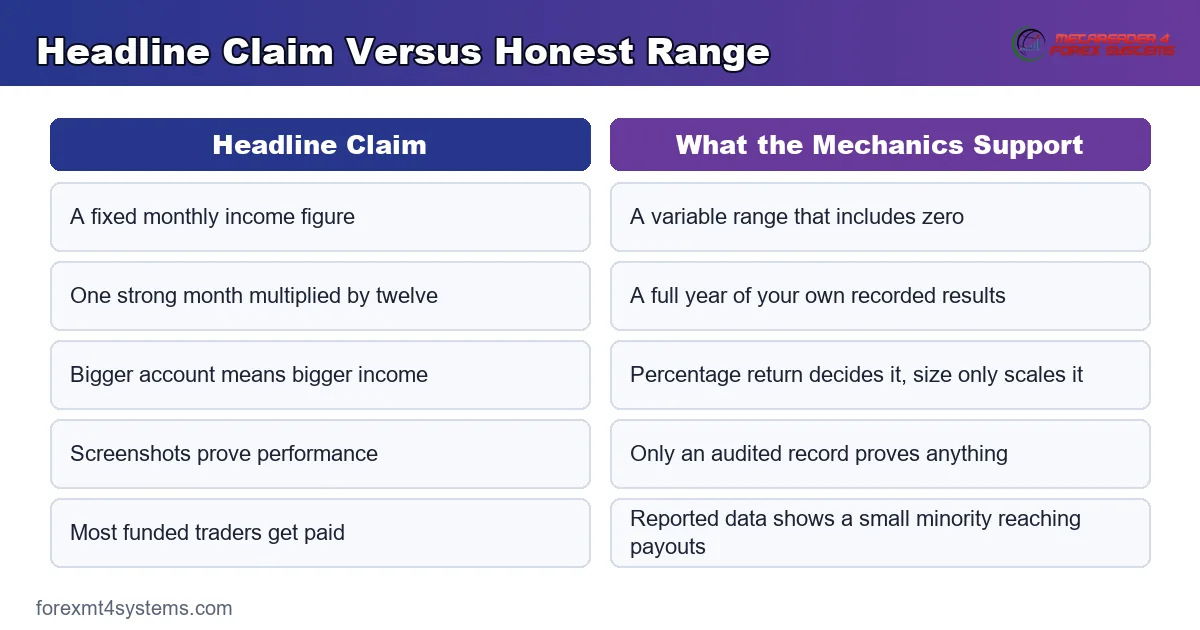 headline income claim versus the honest range, compared point by point for a funded account