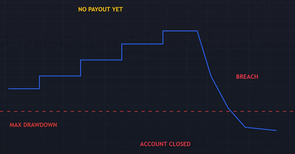 income pitfall - equity curve breaching the drawdown floor before any payout is ever reached