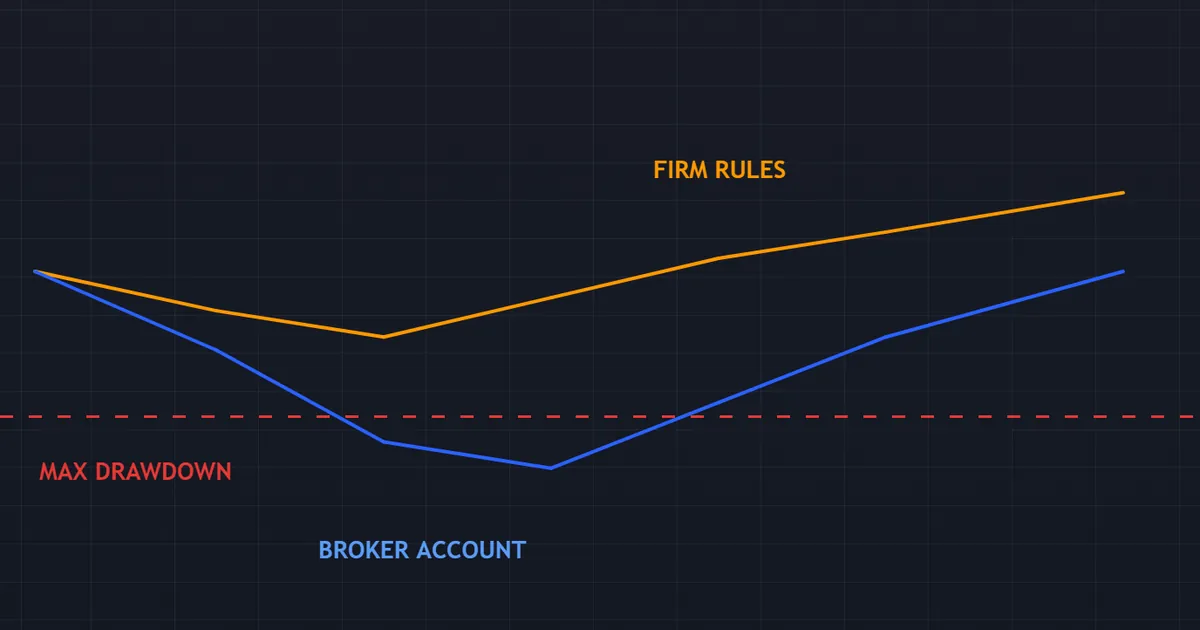 prop firm vs broker - equity curve held above a firm drawdown floor beside an unbounded path