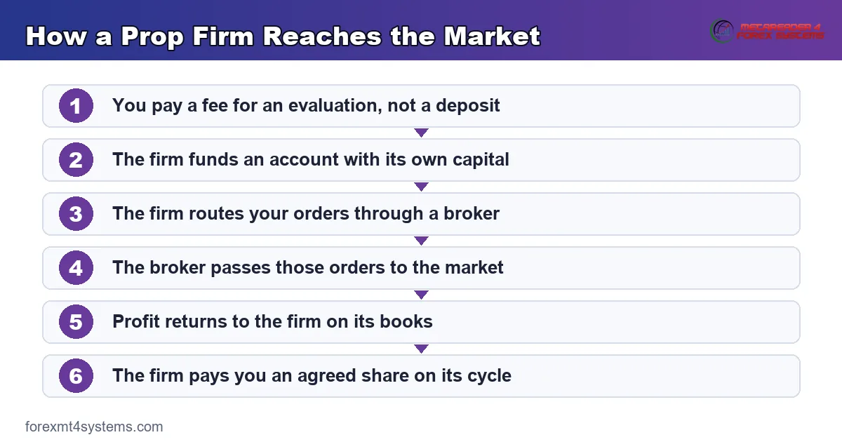 how a prop firm reaches the market, from your evaluation fee through a broker to a payout