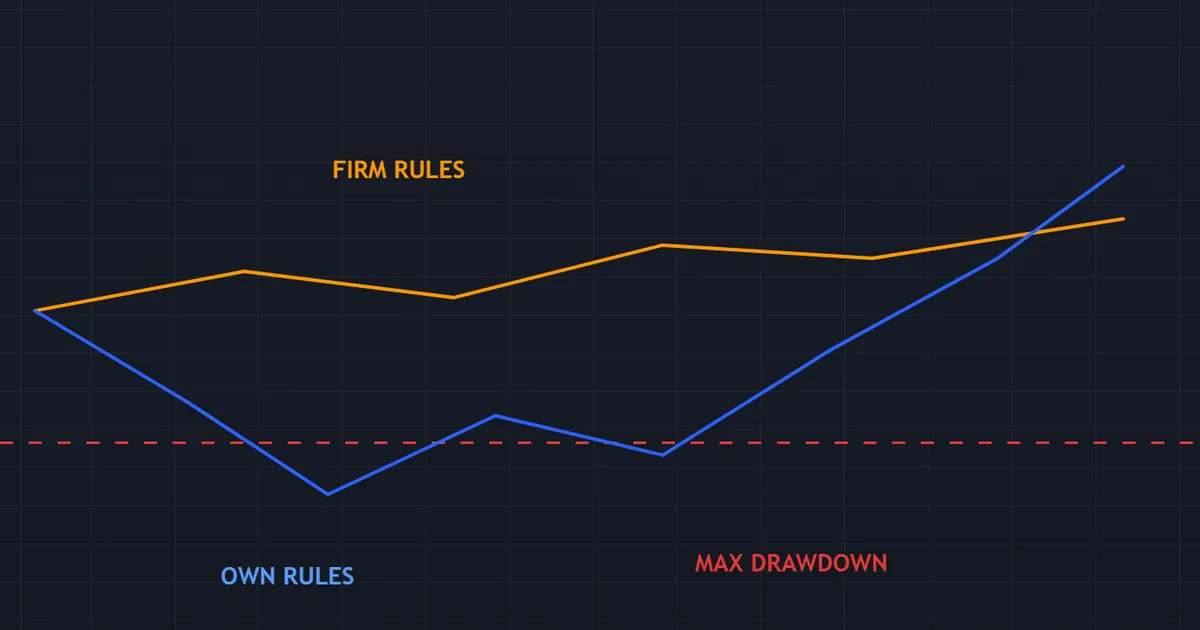 prop firm vs personal account - two equity curves, one bounded by a firm drawdown floor