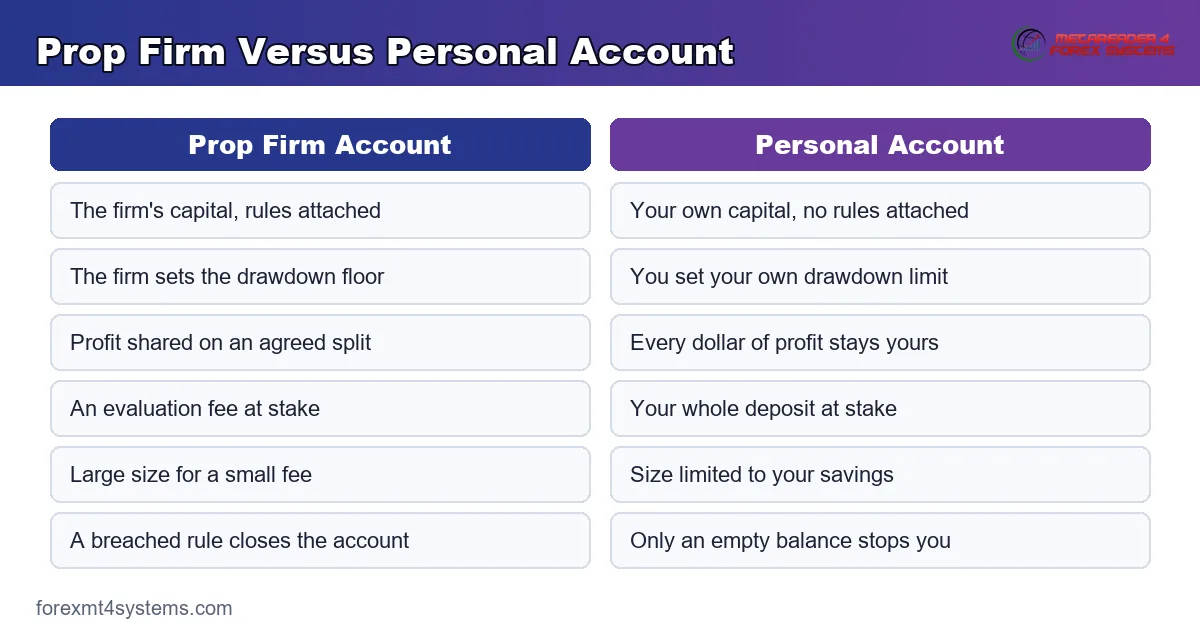 prop firm versus personal account compared on capital, rules, profit share and money at risk