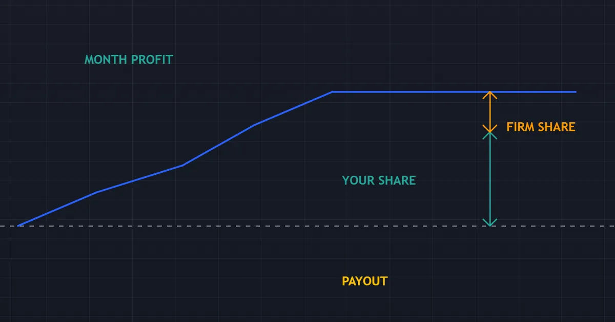 profit split example - equity curve reaching a monthly profit split into trader and firm shares