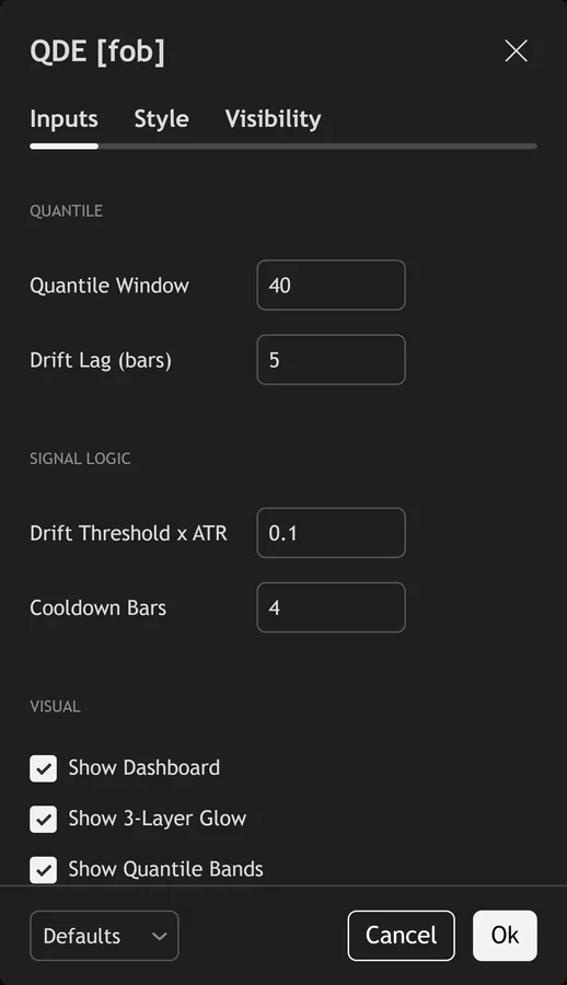 interquartile range indicator TradingView - Quantile Drift Engine inputs panel on TradingView