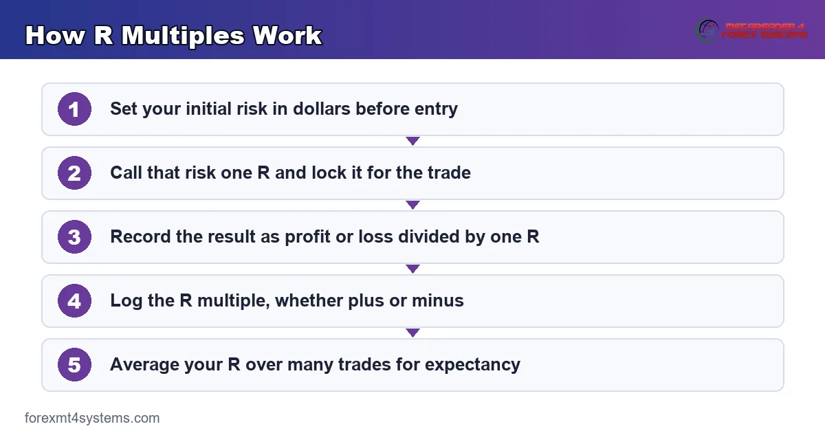 how r multiples work - set the initial risk as one R, then measure every result in multiples of R