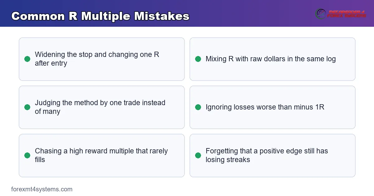 common r multiple mistakes - moving the stop, mixing R with dollars, and judging one trade alone
