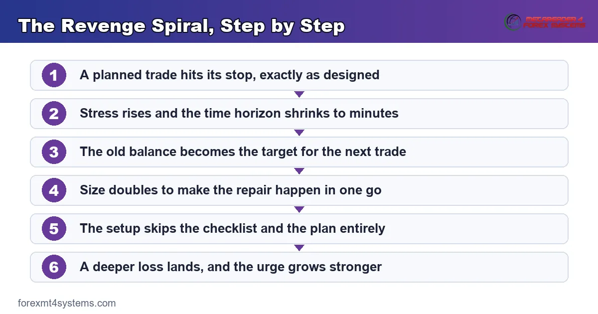 the revenge spiral step by step, from a stopped-out trade through a doubled size to a deeper loss