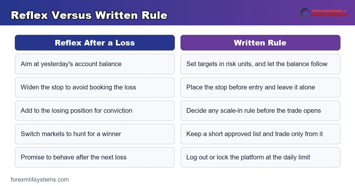 reflex versus written rule, comparing each impulse after a loss with the rule that answers it