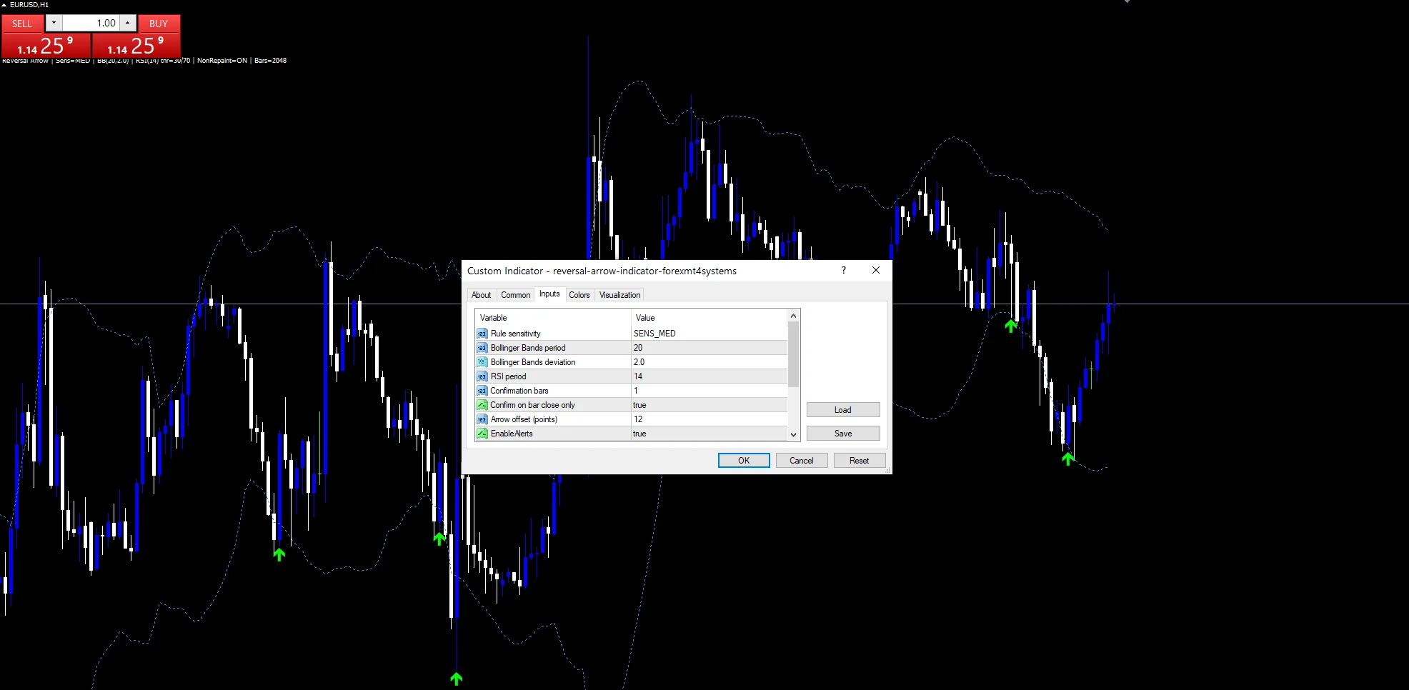 Reversal Arrow Indicator - indicator inputs and settings panel