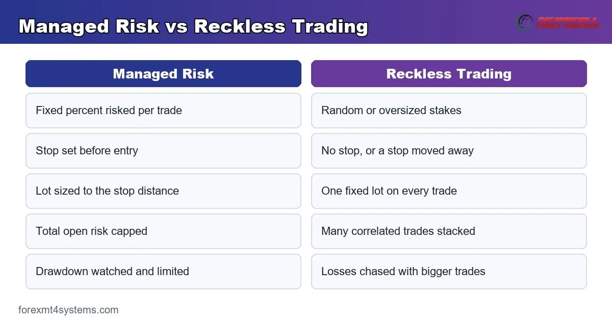 managed risk versus reckless trading approaches compared side by side